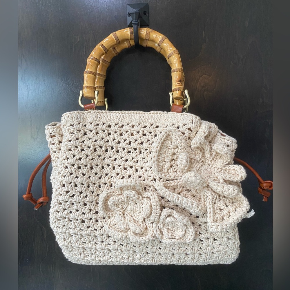 Patricia Nash Cream Crochet Bag with Bamboo Handles